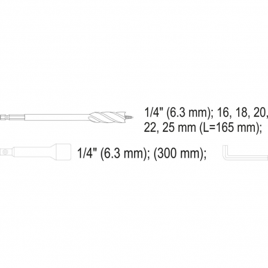 Grąžtų rinkinys medžiui su ilgintuvu Yato YT-44693, 6.3 mm (1/4") antgalis, 7 vnt. 2