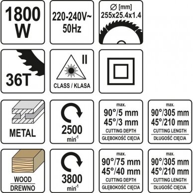 Metalo ir medžio pjovimo staklės Yato YT-82174, 2 bėgiai, 255mm, 1800W 5