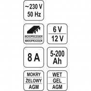 Mikroprocesorinis impulsinis kroviklis Yato 6/12V, 8A, 5-200ah