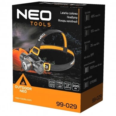 Pakraunamas LED prožektorius ant galvos Neo tools CREE XHP50.2 LED, USB 2000lm 7