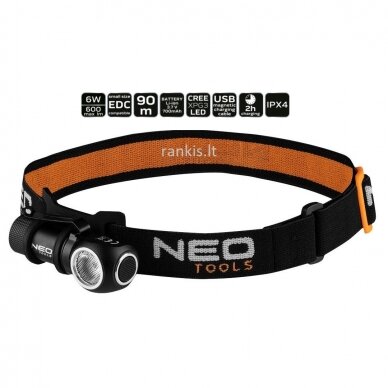 Pakraunamas LED prožektorius ant galvos Neo tools CREE XPG3 LED, USB 600lm