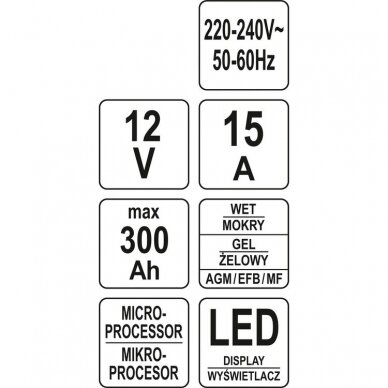 Pakrovėjas Yato, 12V/2A, 6A, 10A, 15A BOOST 300s, 20A 5