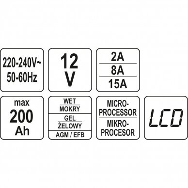 Pakrovėjas 6 V ir 12 V akumuliatorių įkrovimui Yato, 12V/2A/8A/15A 6