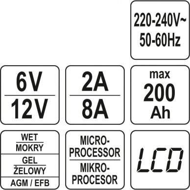 Pakrovėjas 6 V ir 12 V akumuliatorių įkrovimui Yato, 6V/2A, 12V/8A 6