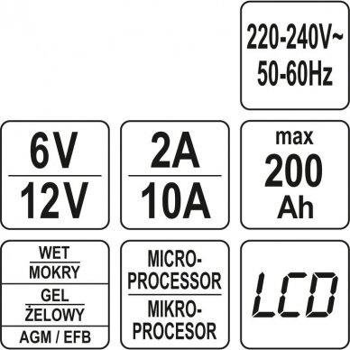 Pakrovėjas 6 V ir 12 V akumuliatorių įkrovimui Yato, 6V/2A, 12V/10A 6