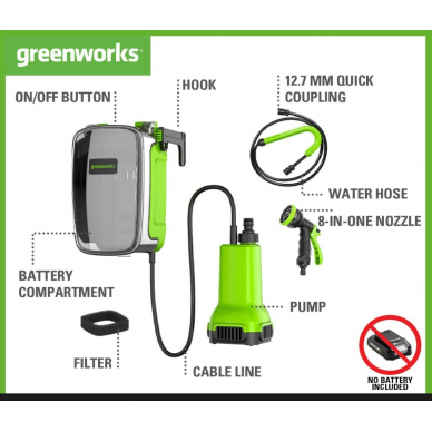 Akumuliatorinis panardinamas siurblys švariam vandeniui Greenworks G24SWP, 24 V, (be akum. ir krov.) 3