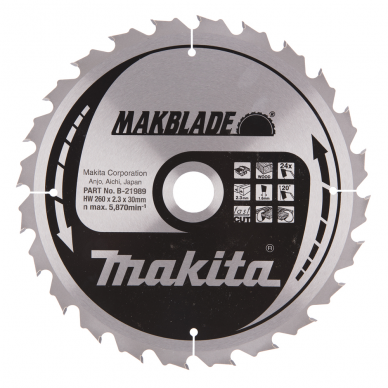 Pjovimo diskas medienai Makita B-21989, 260 x 2.3 x 30 mm, 20°, T24