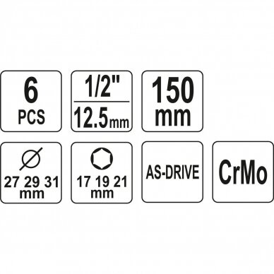 Plonasienių smūginių galvučių rinkinys su apsaugom Yato YT-10563, 1/2", 17/19/21mm 2
