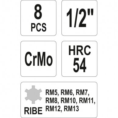 Smūginių antgalių rinkinys Yato (1/2"), Spline (Ribe) M5 - M13, 9 vnt. 3