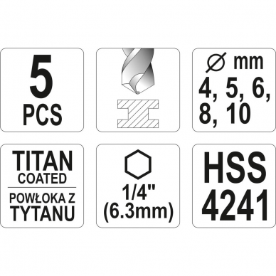 Grąžtų rinkinys su Hex 6.3 mm (1/4") galu Yato YT-44700, 4 - 10 mm, 5 vnt 2