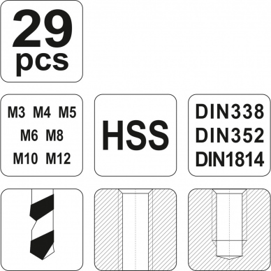 Sriegiklių ir grąžtų rinkinys Yato, HSS, М3-М12, 29 vnt. 3