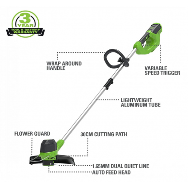 Akumuliatorinis trimeris - žoliapjovė Greenworks G40LTK2, 40 V, 2,0 Ah 12