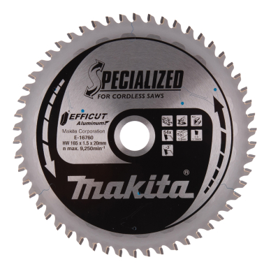 T.C.T. pjovimo diskai aliuminiui, 165 x 20 mm, 54T, EFFICUT Makita E-16760