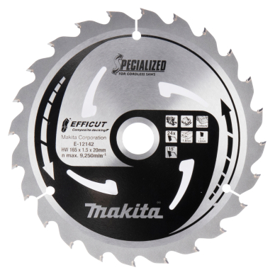 Pjovimo diskas klijuotoms plokštėms Makita E-12142, 165X1.5X20mm, 15°, T24