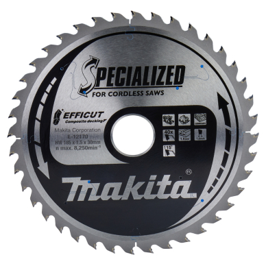 T.C.T. pjūklas 185X1.5X30mm 15° T40 EFFICUT klijuotoms plokštėms Makita E-12170