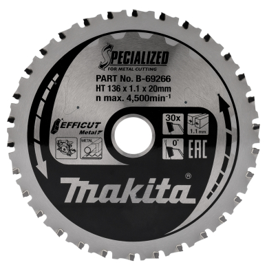 Pjovimo diskas Makita B-69266 EFFICUT METAL,136X1.1X20mm, 0°, T30