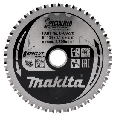 Pjovimo diskas Makita B-69272 EFFICUT METAL, 136X1.1X20mm, 0°, T45