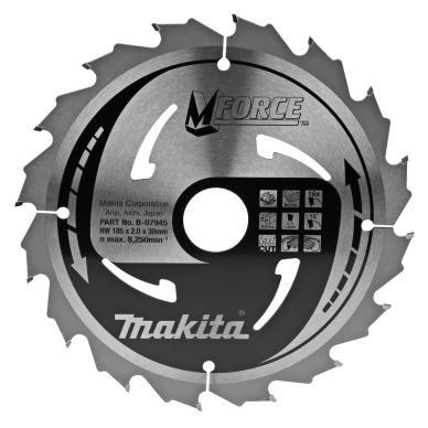 T.C.T. pjovimo diskas Makita B-07945, M-FORCE 185X2X30mm, 15°, T16