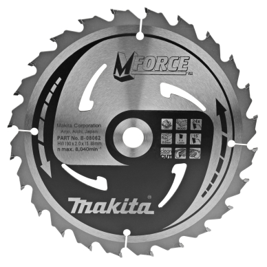 T.C.T. pjovimo diskas Makita B-08062, M-FORCE 190X2X15.88mm, 15°, T24