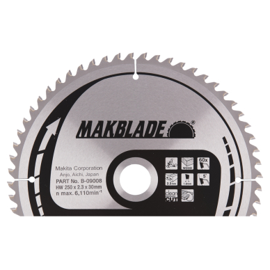 Pjovimo diskas Makita B-09008 MAKBLADE, 250X2.3X30mm, 5°, T60