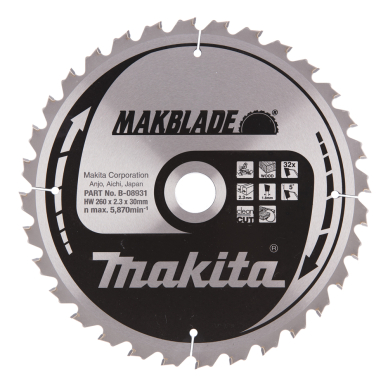 Pjovimo diskas Makita B-08931 MAKBLADE 260X2.3X30mm 5° T32 1