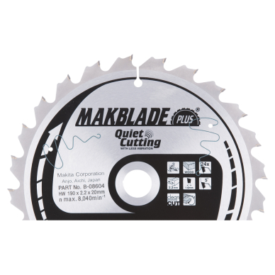 T.C.T. pjūklas MAKBLADE PLUS 190X2.2X20mm 5° T24 Makita B-08604