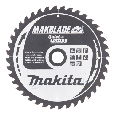 Pjovimo diskas Makita B-08654 MAKBLADE PLUS 260X2.3X30mm 5° T40 1