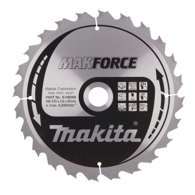 T.C.T. pjovimo diskas Makita B-08268, MAKFORCE 270X2.6X30mm, 20°, T24 1