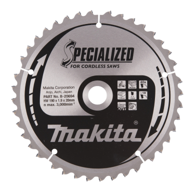 T.C.T. pjūklas SPECIALIZED Makita B-20694, 190X1.9X20mm -18° T40 1