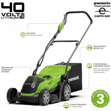 Akumuliatorinė vejapjovė Greenworks G40LM35K2, 40 V, 2,0 Ah, 35 cm 3